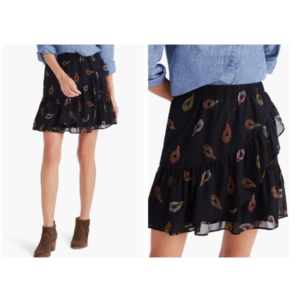 Madewell XXS Ruffle Edge Miniskirt In Peacock True Black Animal Print Pull On - Picture 10 of 11